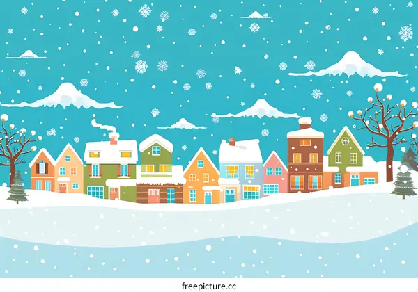 Snowy Village Illustration with Houses and Mountains