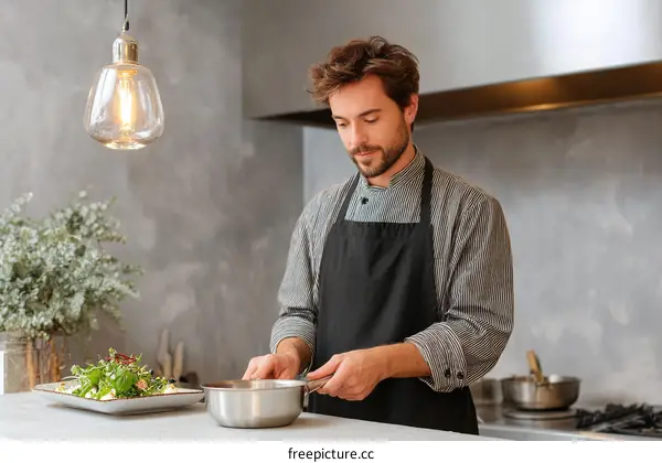 Chef Preparing a Salad in Modern Kitchen