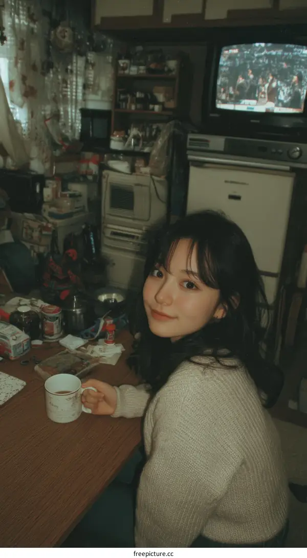Nostalgic Asian Girl Drinking Tea in a Cluttered Room