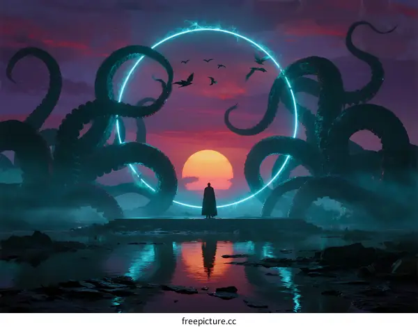 Giant Tentacles Surrounding Neon Portal at Sunset