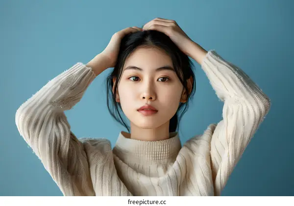 Portrait of a Young Asian Woman Wearing a Beige Knitted Sweater