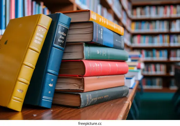 A stack of old books in a library