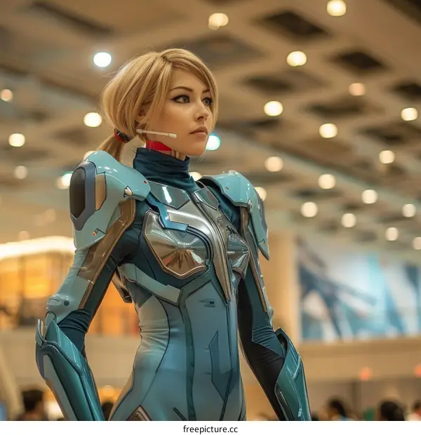 Portrait of a young blonde woman in a blue and silver armored bodysuit