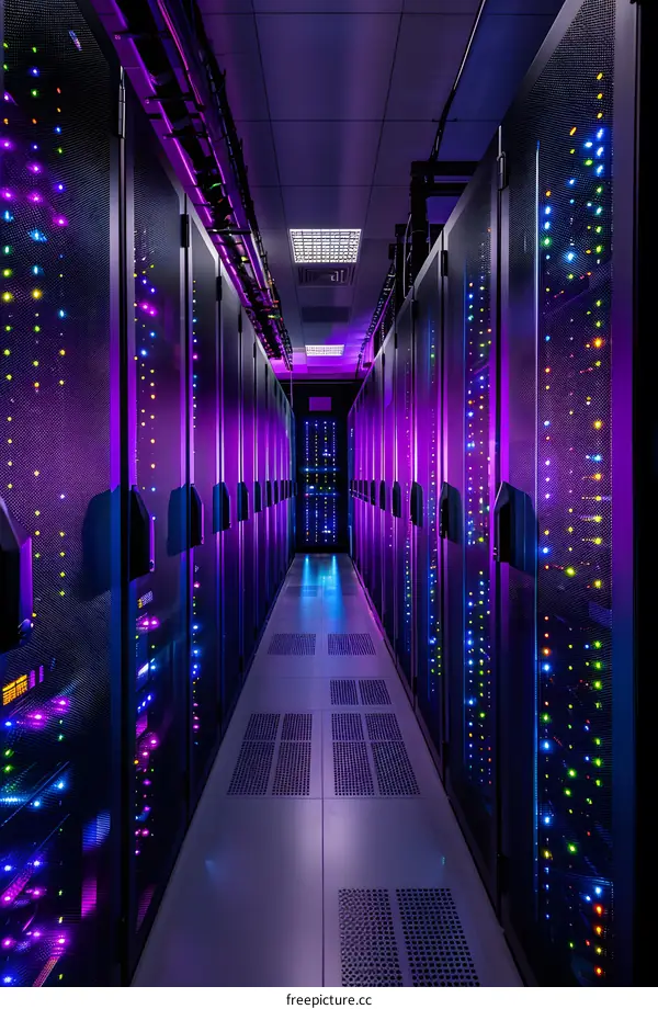 Server Room With Purple and Blue Lights