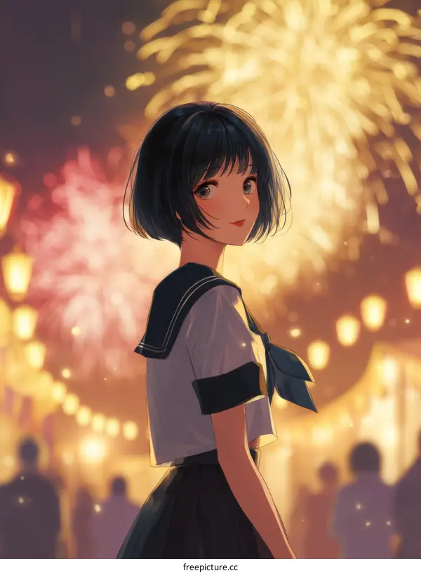 Girl in Sailor Uniform Admiring Fireworks