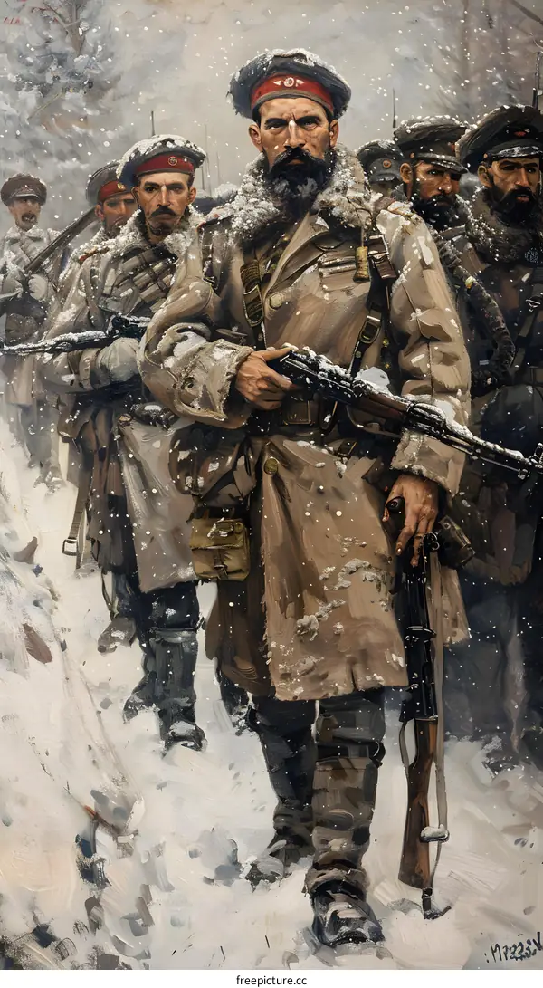 A group of soldiers wearing winter coats and carrying rifles march through the snow.
