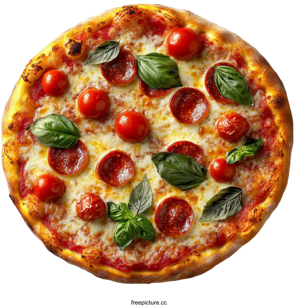 [Transparent Background PNG]Delicious Pepperoni Pizza with Fresh Basil and Cherry Tomatoes