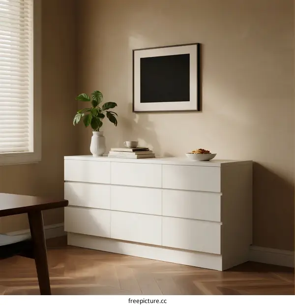 Modern White Dresser with Plant and Bowl in Cozy Living Room
