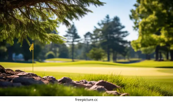 Green golf course with yellow flag