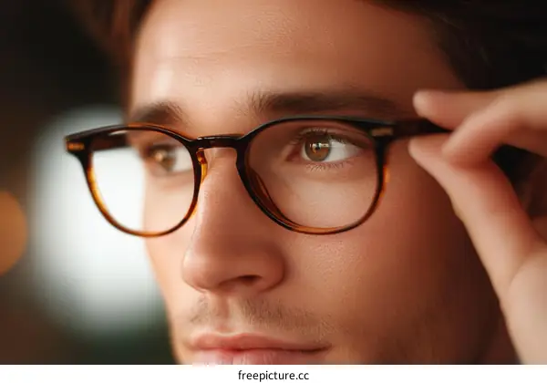 Close up Man Adjusting Glasses