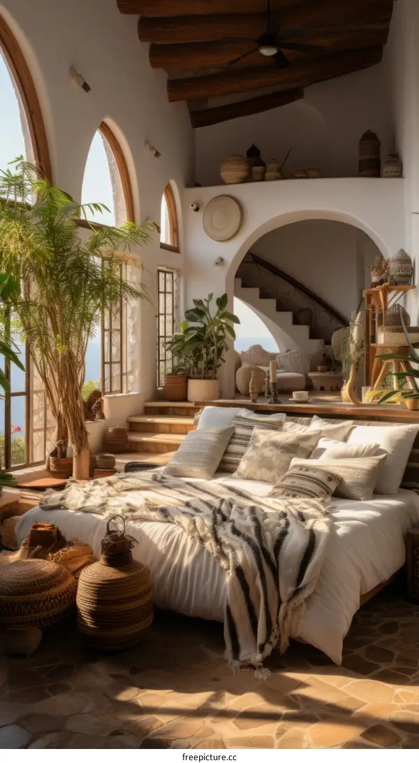 Modern bohemian bedroom with a touch of rustic charm