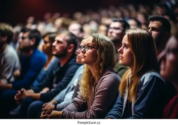 A group of people are sitting in a theater watching a performance