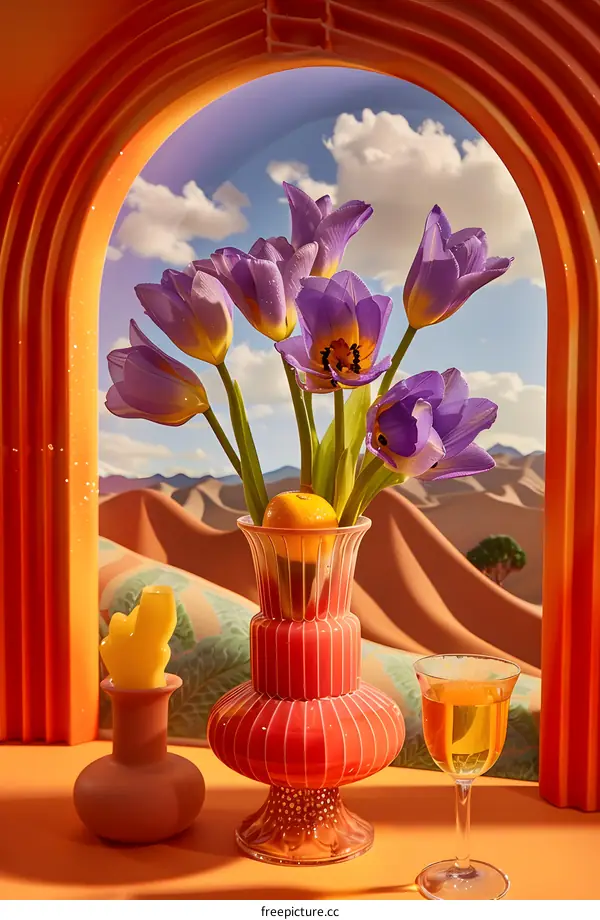 Purple Tulips In A Vase With An Orange And A Glass Of Wine