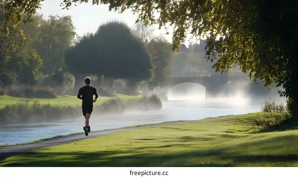 Man Running On Path Along River With Fog