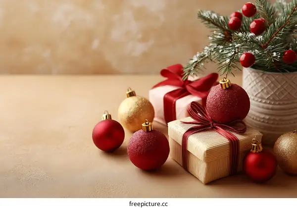 Christmas Decorations and Gifts on a Beige Surface