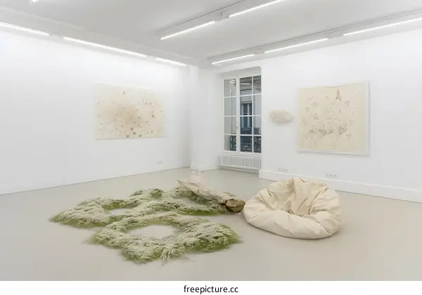 Minimalist Gallery Installation with White Flowers and Log