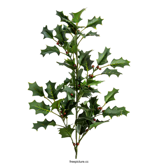[Transparent Background PNG]Green Holly Sprig with Red Berries on White Background