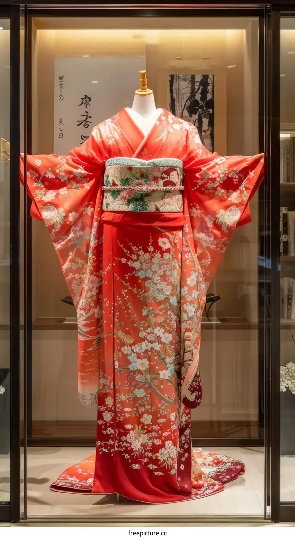 A kimono with a pattern of cherry blossoms