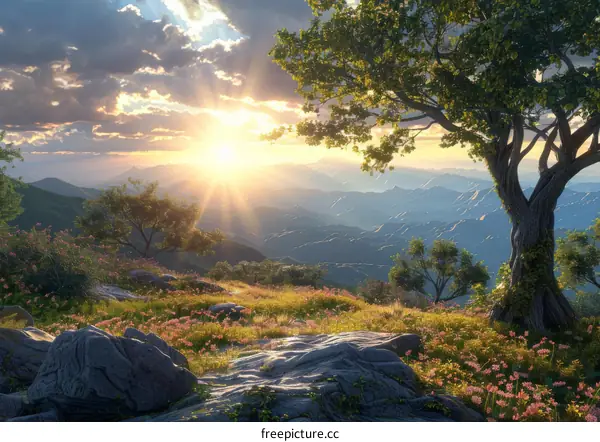 Fantasy Landscape with Majestic Mountains and Vibrant Flowers