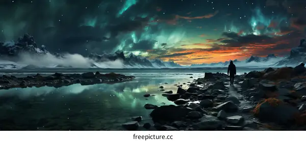 Man walking alone on a rocky beach at night with aurora borealis in the sky