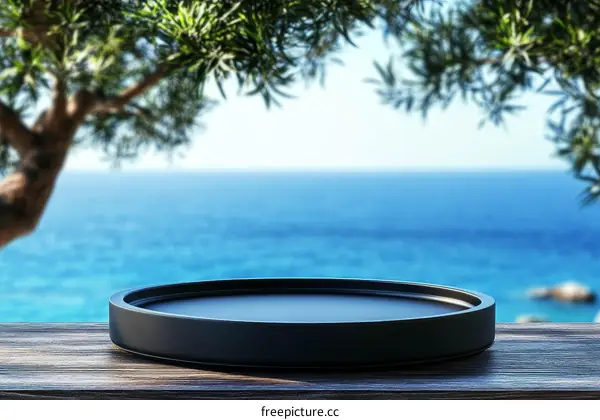 Empty Round Black Display Stand by the Ocean