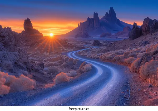 Sunset over a winding road in the desert