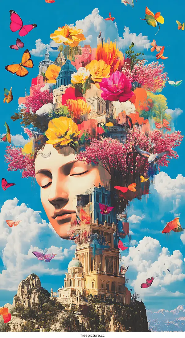 Surreal Collage with Woman, Flowers, and Butterfly