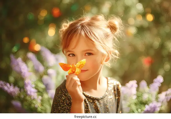 Adorable Girl with a Butterfly in a Garden Setting