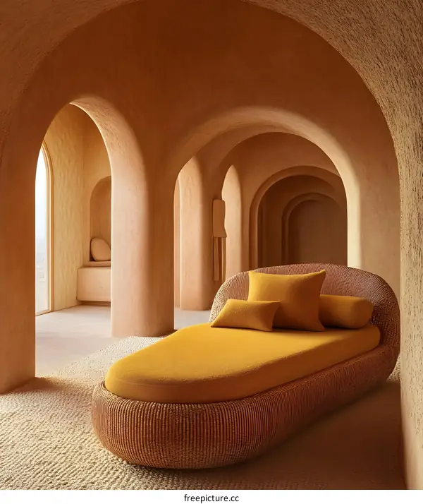 Yellow Wicker Chaise Lounge in Minimalist Archway Interior