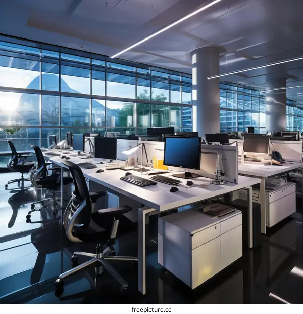 Modern office interior with large windows and workstations