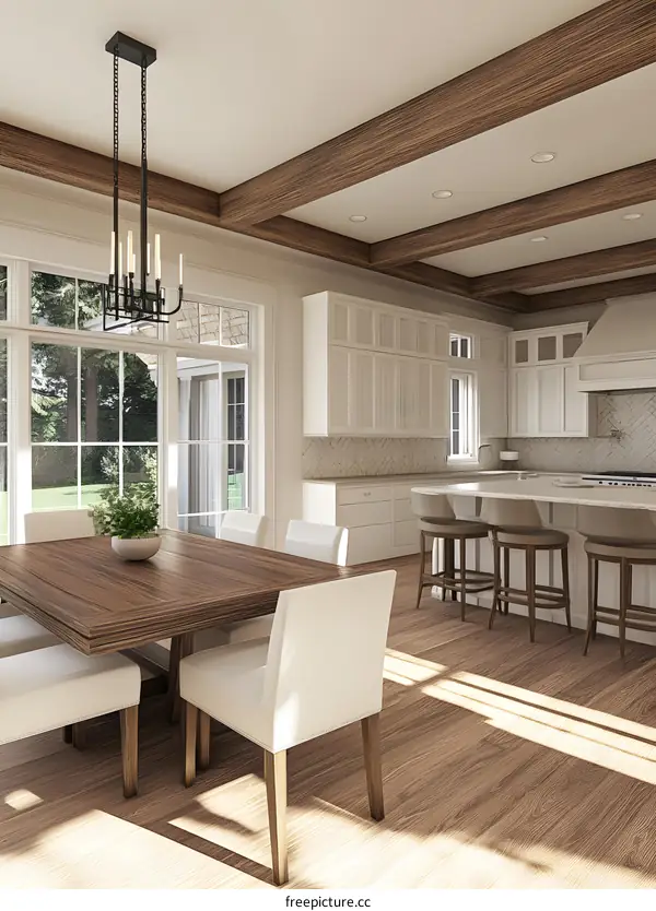 Modern Kitchen Dining Room With Wooden Beams