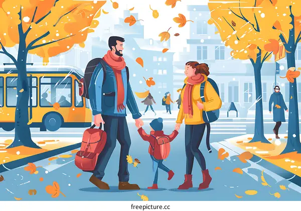 Family Walking in Autumn City