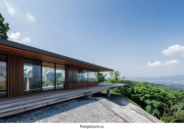 Modern Wooden House with Mountain View