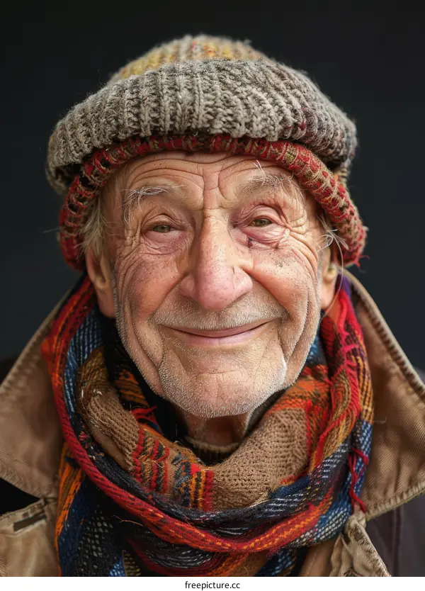 Portrait of a Smiling Senior Man Wearing a Knitted Hat and Colorful Scarf