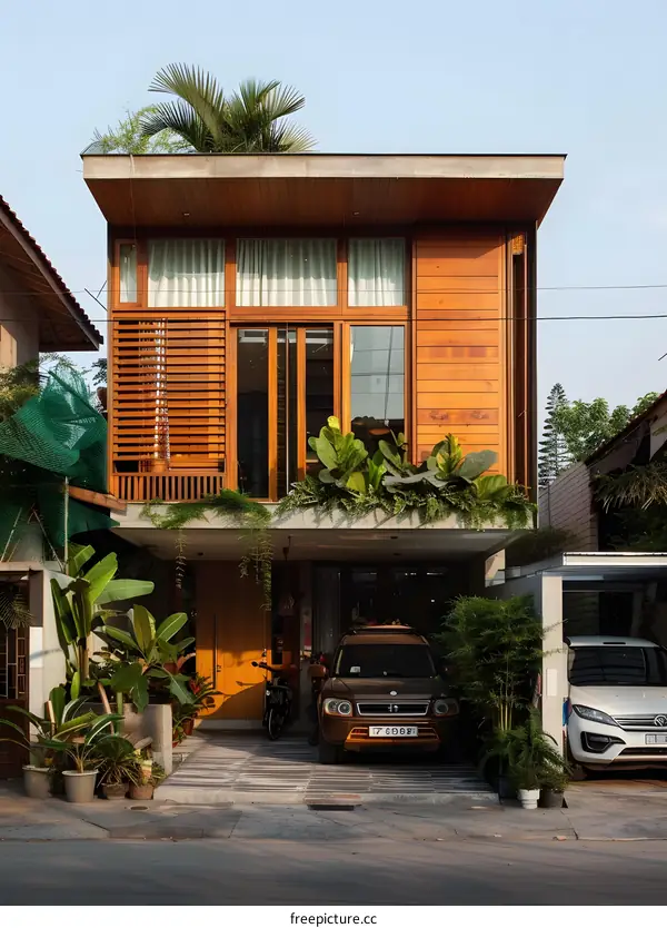 Modern Wooden House with Green Roof in Tropical City