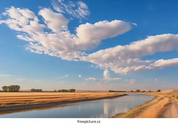 A wide river flows through a rural area on a sunny day