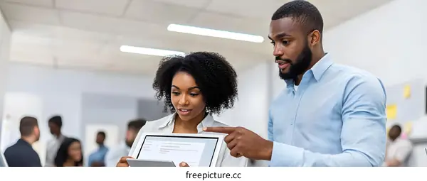 Two African American Business Professionals Collaborate on a Tablet in a Modern Office