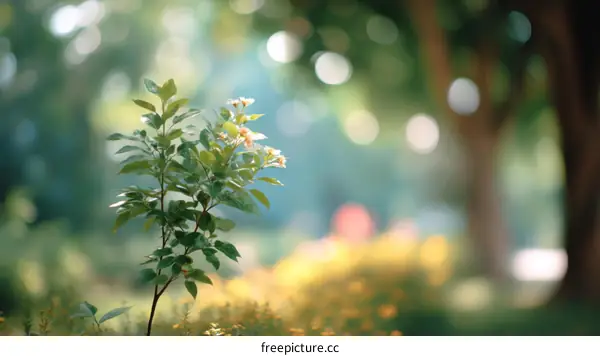 Blurred Nature Scene with Tiny Plant and Blossoms