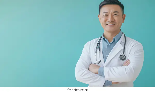 Asian Doctor Portrait Against Teal Background