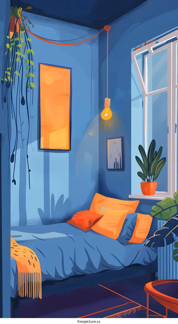 Blue Bedroom Illustration with Plants and Hanging Light