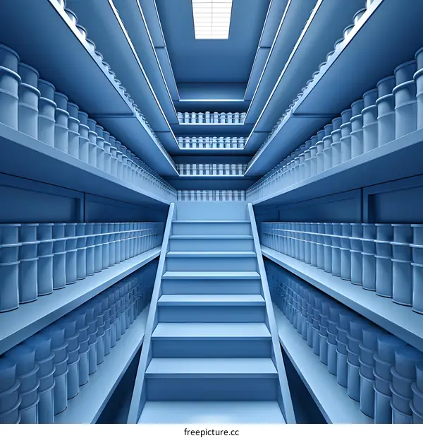 Blue Shelves And Stairs In A Grocery Store