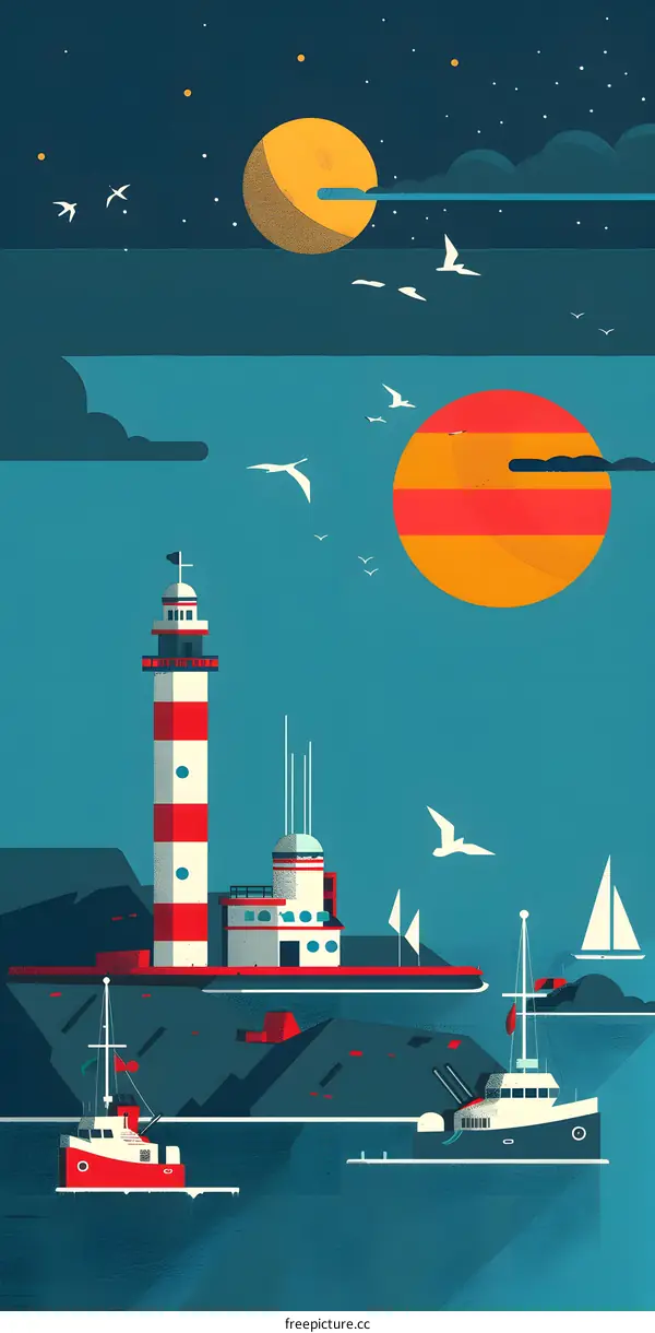 Lighthouse at Sea with Boats and Sunset Illustration