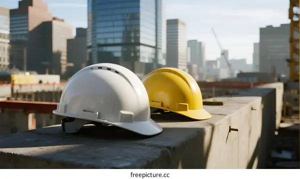 Two hard hats on a construction site with city buildings in the background