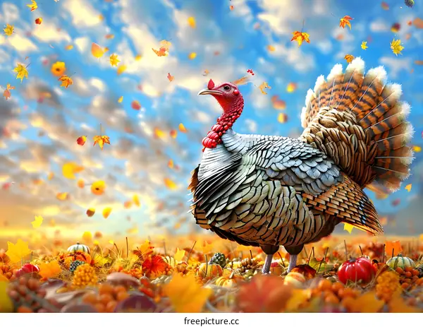 A majestic turkey stands in a field of pumpkins, surrounded by colorful fall leaves.