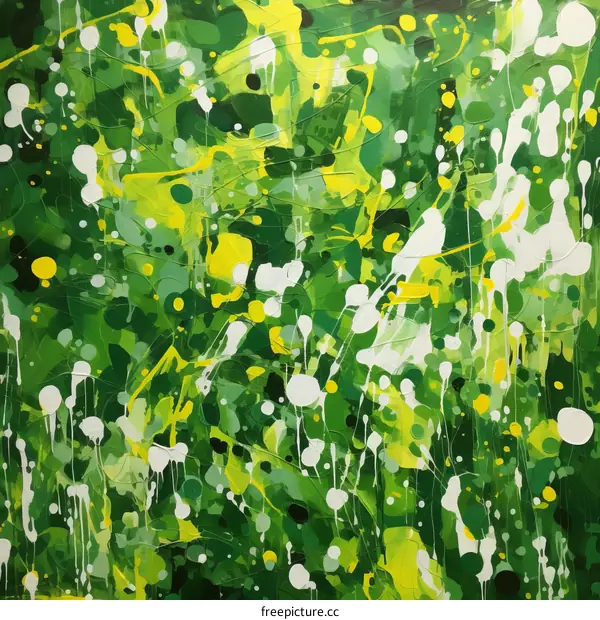 Green and white abstract painting with yellow and black accents