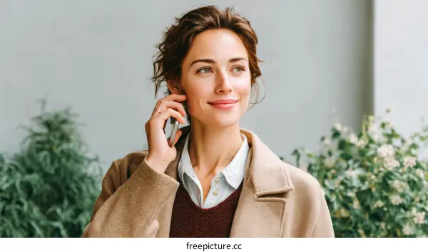 Caucasian Woman Talking on Smartphone in Stylish Outfit