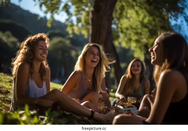 Four young women laughing and sitting on the grass in a park