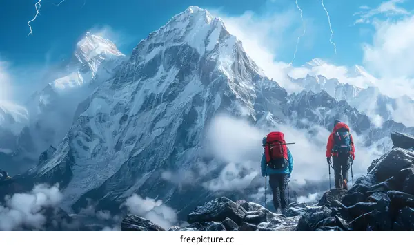 Two climbers on the top of the mountain during a thunderstorm