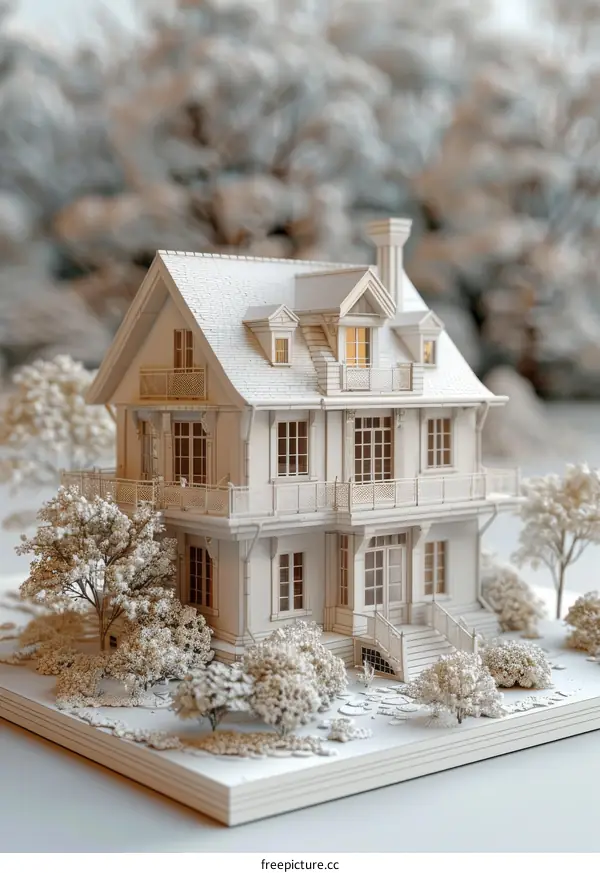 A 3D model of a two-story house with a white exterior and a gray roof