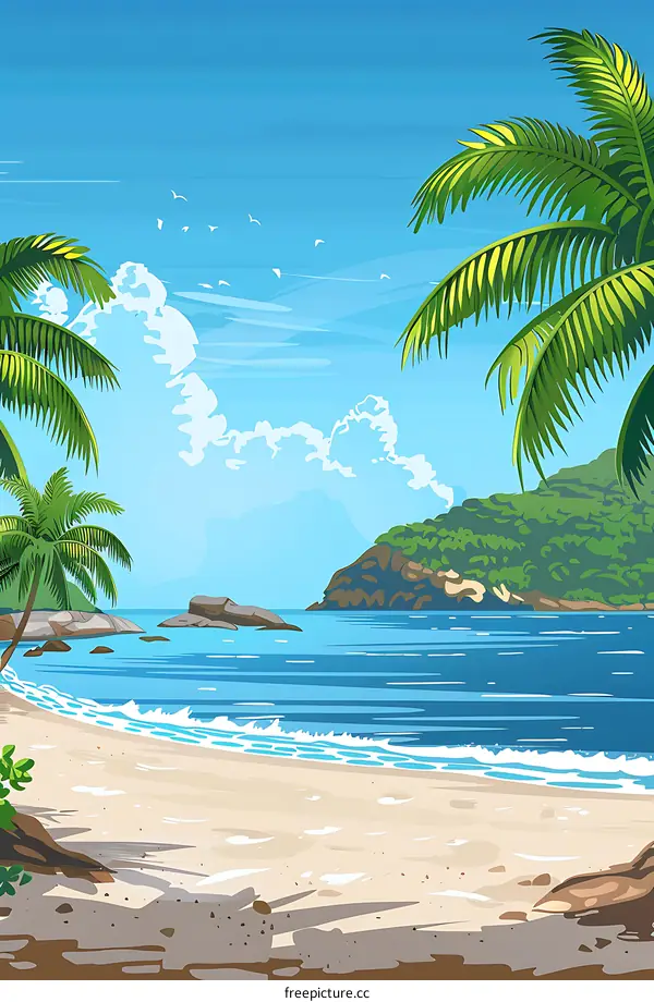 Tropical Beach Landscape with Palm Trees and Blue Sky